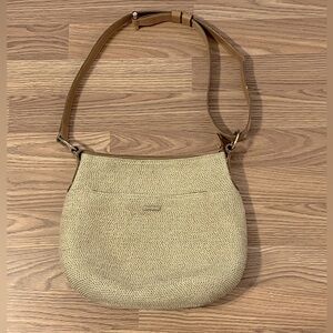 Eric Javits Woven Handbag Tan Leather Tote Shoulder  Bag Zip Adjustable Strap